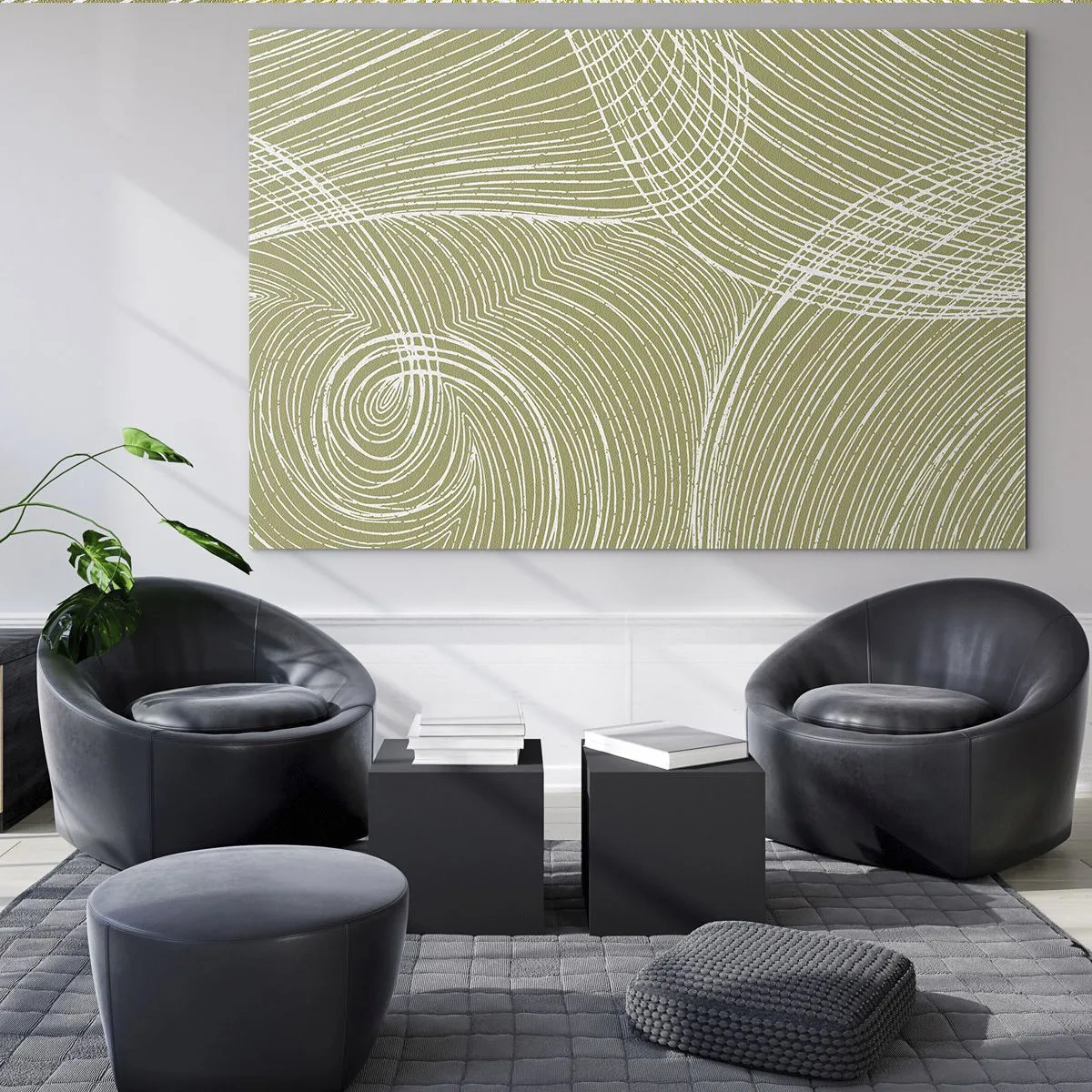 Quadro su vetro - Le linee bianche formano una struttura complessa su uno sfondo verde oliva. - 70x50cm - Astrazione intricata in bianco - Decorazione murale moderna per soggiorno e camera da letto ARTTOR