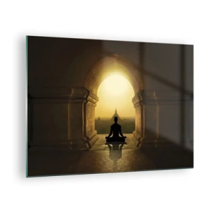 Quadro su vetro - Silhouette di una persona in meditazione alla luce del sole al tramonto in un arco architettonico - 70x50cm - Armonia completa - Decorazione murale moderna per soggiorno e camera da letto ARTTOR