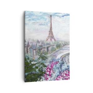 Quadro su tela - Stampe su Tela - Una vista romantica di Parigi con la Torre Eiffel e un balcone pieno di fiori - 50x70cm - Bellissimo qui a maggio - Decorazione murale moderna per soggiorno e camera da letto ARTTOR