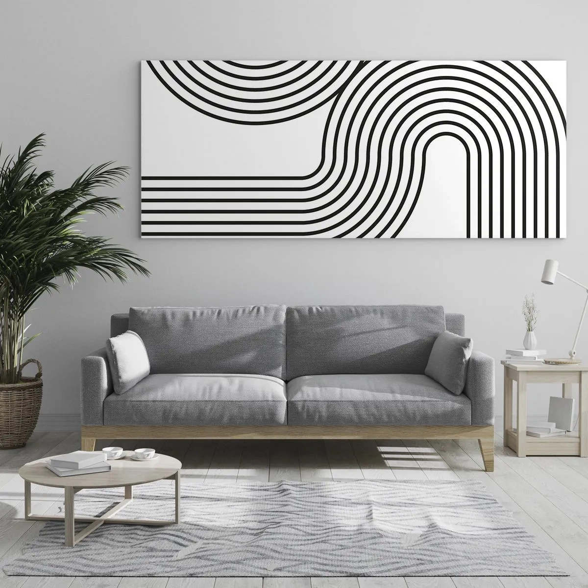 Quadro su vetro - Un dipinto astratto con linee nere che creano motivi geometrici su uno sfondo bianco. - 160x50cm - In curva - Decorazione murale moderna per soggiorno e camera da letto ARTTOR