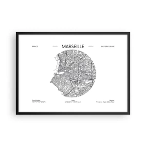 Poster in cornice nera - Mappa di Marsiglia in stile minimalista - 70x50cm - Anatomia di Marsiglia - Decorazione murale moderna per soggiorno e camera da letto ARTTOR