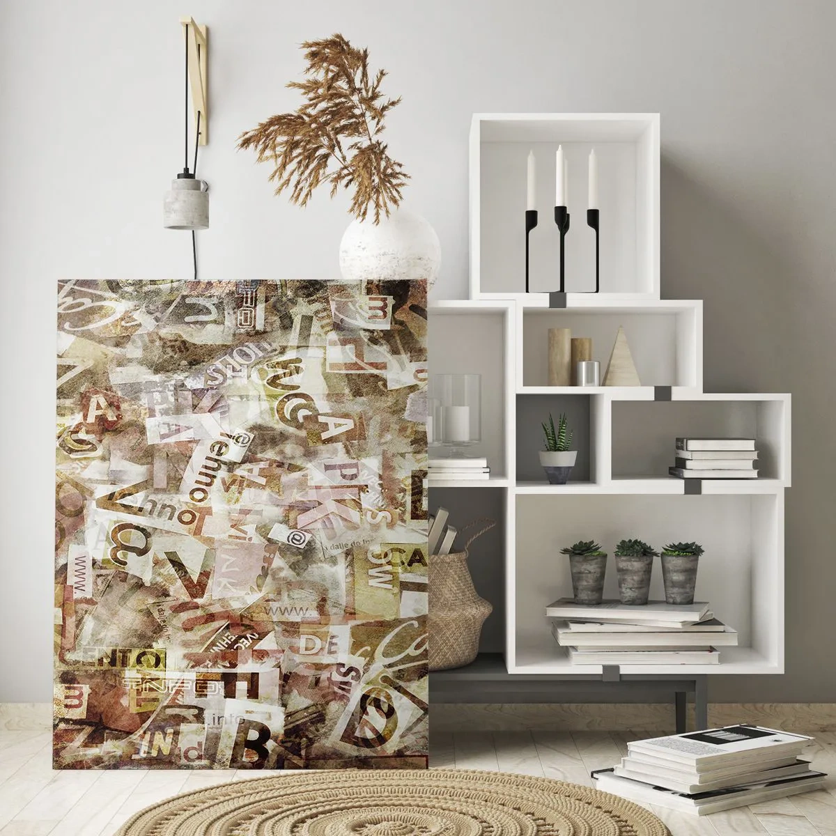 Quadro su vetro - Composizione astratta con lettere e frammenti di testo - 70x100cm - Unificando le chiacchiere - Decorazione murale moderna per soggiorno e camera da letto ARTTOR