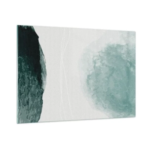 Quadro su vetro - Forme astratte verdi su uno sfondo chiaro che ricordano la nebbia - 100x70cm - Incontro con la nebbia - Decorazione murale moderna per soggiorno e camera da letto ARTTOR