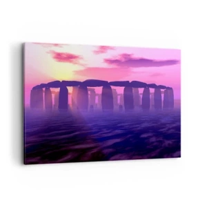 Quadro su tela - Stampe su Tela - Cerchio di pietre al tramonto con cielo viola - 120x80cm - Mistero in un'alba nebbiosa - Decorazione murale moderna per soggiorno e camera da letto ARTTOR