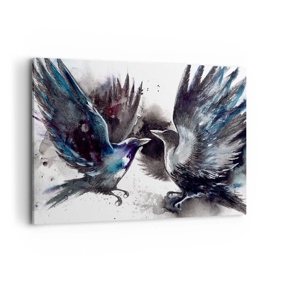 Quadro su tela - Stampe su Tela - Corvi artistici in una composizione dinamica ad acquerello - 100x70cm - Corvi imperiali - Decorazione murale moderna per soggiorno e camera da letto ARTTOR