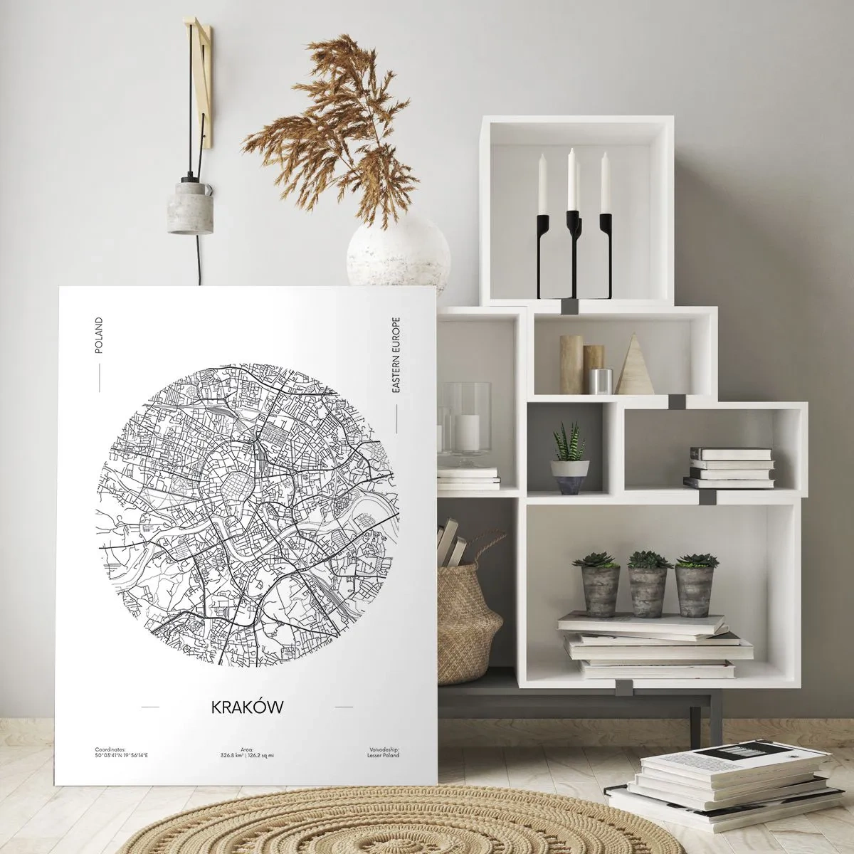 Quadro su vetro - Una mappa di Cracovia in stile illustrazione in bianco e nero - 50x70cm - Anatomia di Cracovia - Decorazione murale moderna per soggiorno e camera da letto ARTTOR