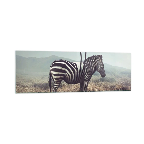 Quadro su vetro - Una zebra surreale contro un paesaggio erboso - 160x50cm - Attenzione! Difetto - Decorazione murale moderna per soggiorno e camera da letto ARTTOR