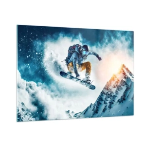 Quadro su vetro - Uno snowboarder vola sopra le montagne innevate - 100x70cm - Emozioni estreme - Decorazione murale moderna per soggiorno e camera da letto ARTTOR