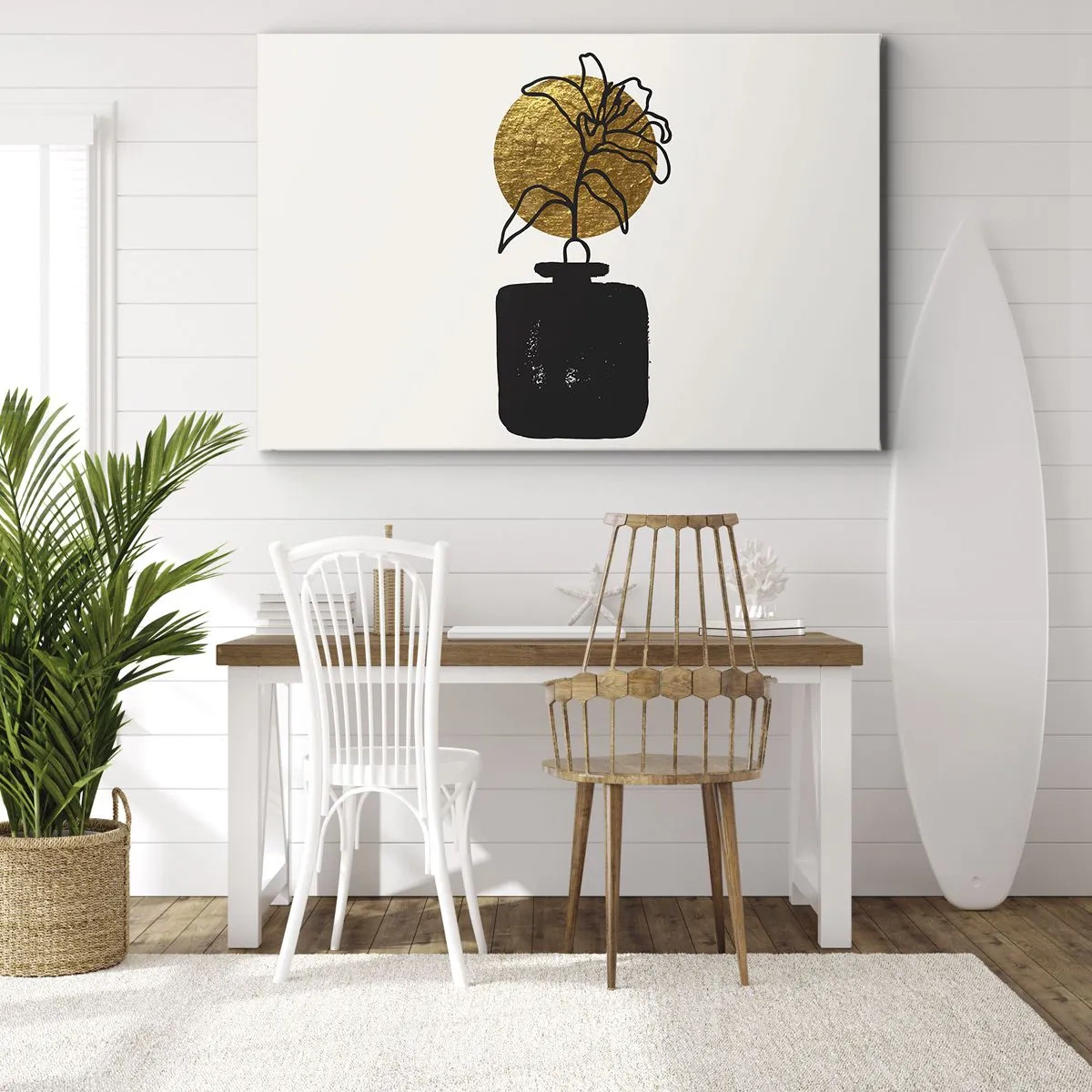 Quadro su tela - Stampe su Tela - Un disegno di un fiore in un vaso su uno sfondo di cerchi dorati - 70x50cm - Bellezza a peso d'oro - Decorazione murale moderna per soggiorno e camera da letto ARTTOR
