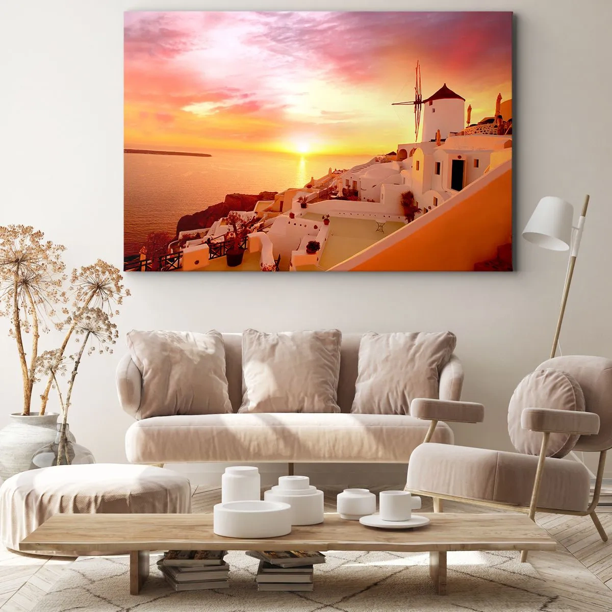 Quadro su tela - Stampe su Tela - Santorini al tramonto con un mulino a vento - 120x80cm - Sciogliersi nel bianco e nell'oro - Decorazione murale moderna per soggiorno e camera da letto ARTTOR
