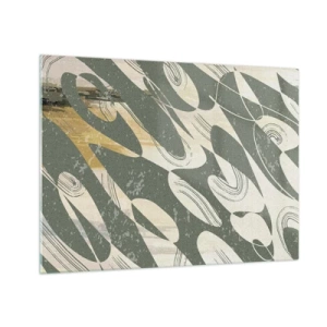 Quadro su vetro - Una composizione verde e beige con forme organiche dinamiche - 70x50cm - Astrazione ritmica - Decorazione murale moderna per soggiorno e camera da letto ARTTOR