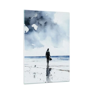 Quadro su vetro - Una figura su una spiaggia in un ambiente marino calmo - 70x100cm - Dialogo con il mare - Decorazione murale moderna per soggiorno e camera da letto ARTTOR