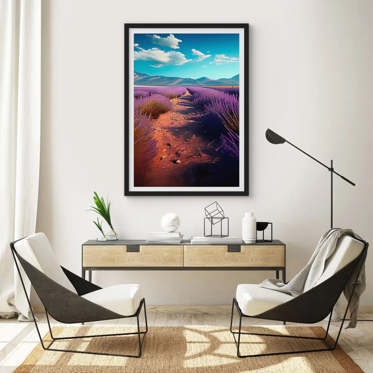 Poster in cornice nera - Un campo di lavanda al tramonto con un paesaggio montano sullo sfondo - 50x70cm - Campi profumati - Decorazione murale moderna per soggiorno e camera da letto ARTTOR