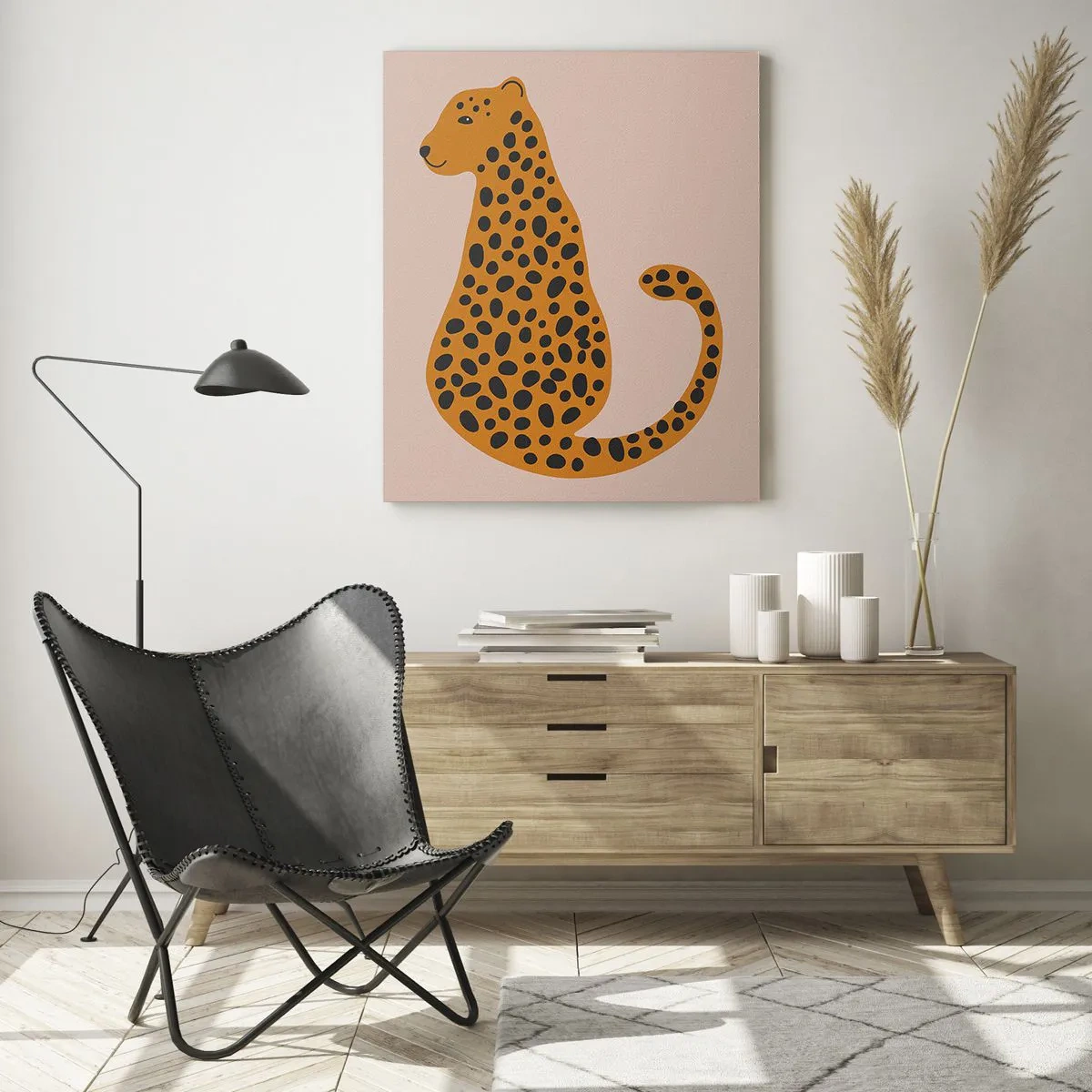 Quadro su vetro - Illustrazione di una pantera con macchie nere su sfondo beige - 50x70cm - Il leopardo è un motivo di moda - Decorazione murale moderna per soggiorno e camera da letto ARTTOR