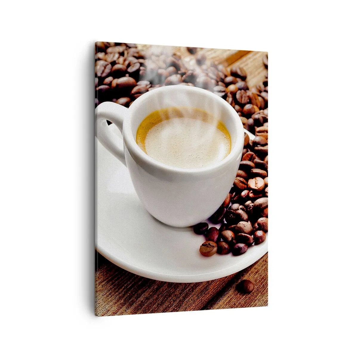 Quadro su tela - Stampe su Tela - Una tazza di caffè aromatico sullo sfondo di chicchi e una foglia - 50x70cm - Il caffè è pronto - Decorazione murale moderna per soggiorno e camera da letto ARTTOR