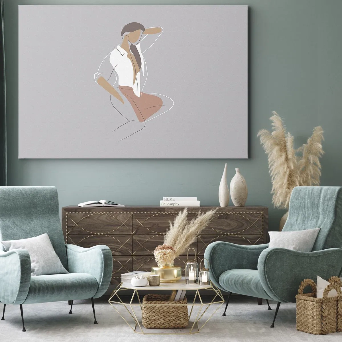 Quadro su tela - Stampe su Tela - Un ritratto minimalista di una donna in colori pastello. - 120x80cm - Profilo di bellezza - Decorazione murale moderna per soggiorno e camera da letto ARTTOR