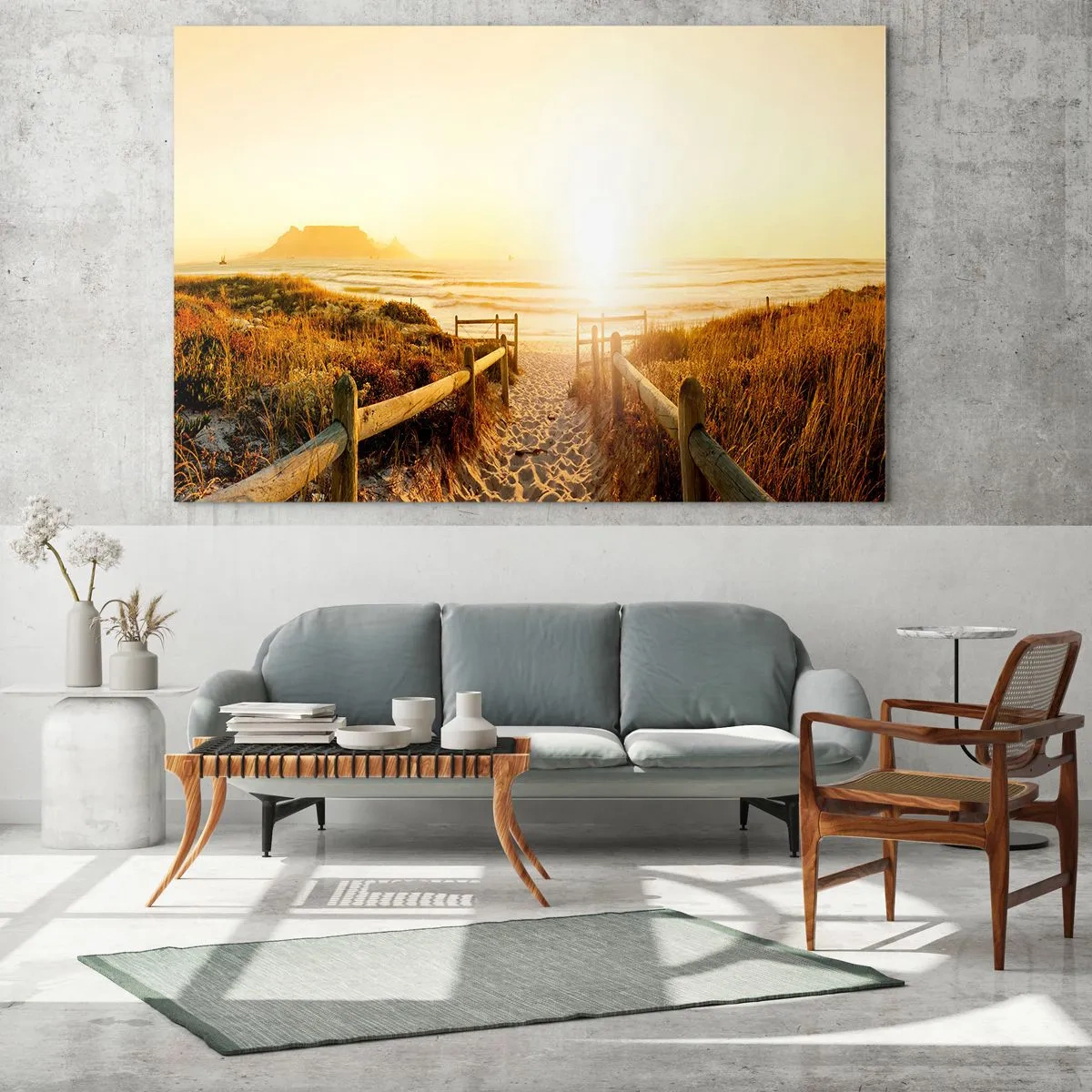 Quadro su vetro - Sentiero sulla duna che conduce alla spiaggia al tramonto - 100x70cm - Attraverso la duna, verso il sole - Decorazione murale moderna per soggiorno e camera da letto ARTTOR