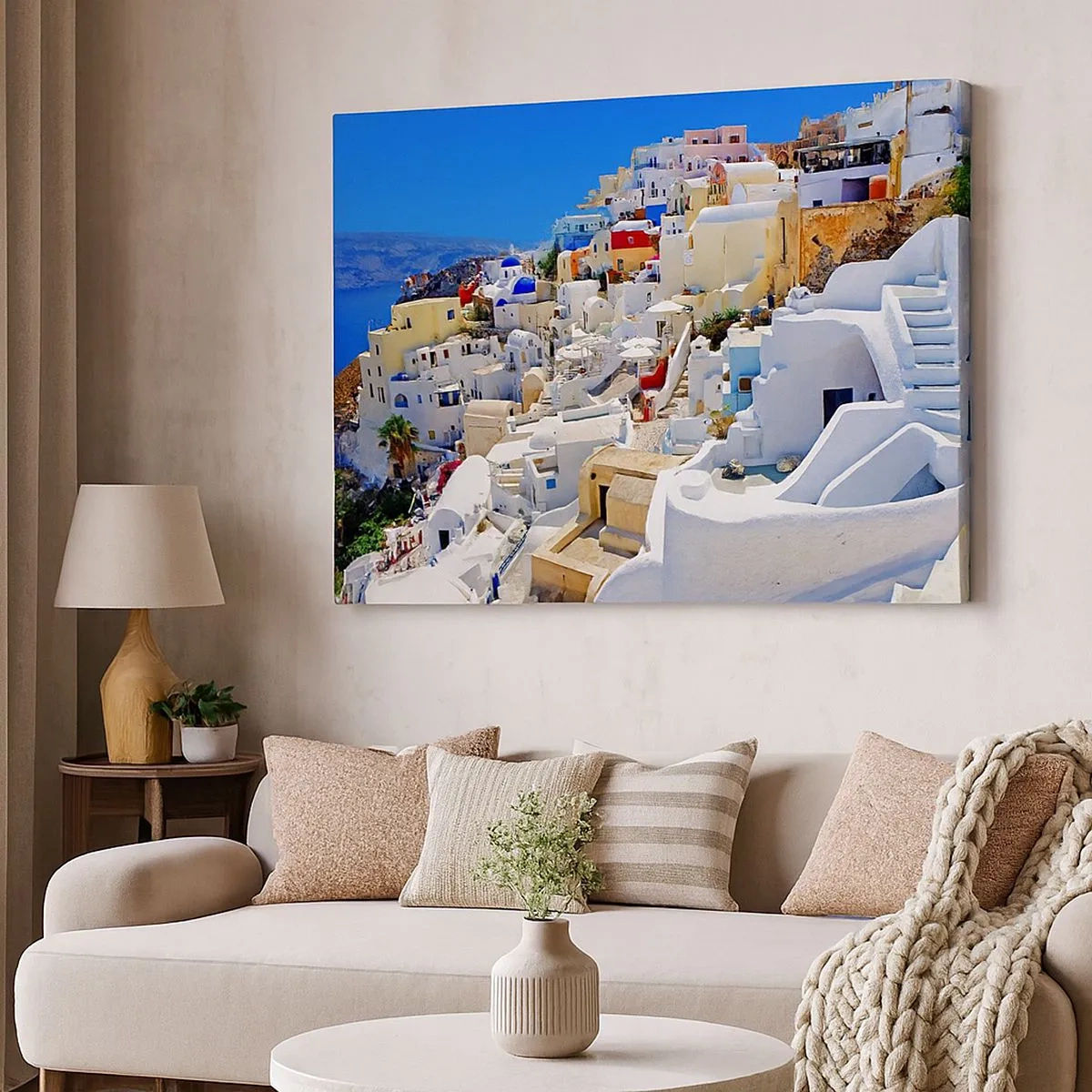 Quadro su tela - Stampe su Tela - Panorama di Santorini con case bianche e cielo azzurro - 70x50cm - Sogno di un'estate greca - Decorazione murale moderna per soggiorno e camera da letto ARTTOR