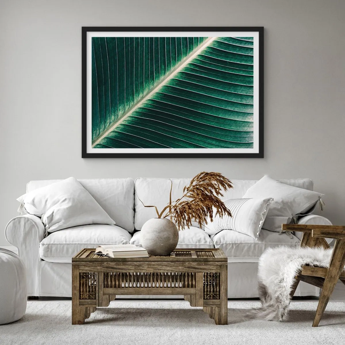 Poster in cornice nera - Primo piano della struttura di una foglia verde - 100x70cm - Il ritmo della natura - Decorazione murale moderna per soggiorno e camera da letto ARTTOR