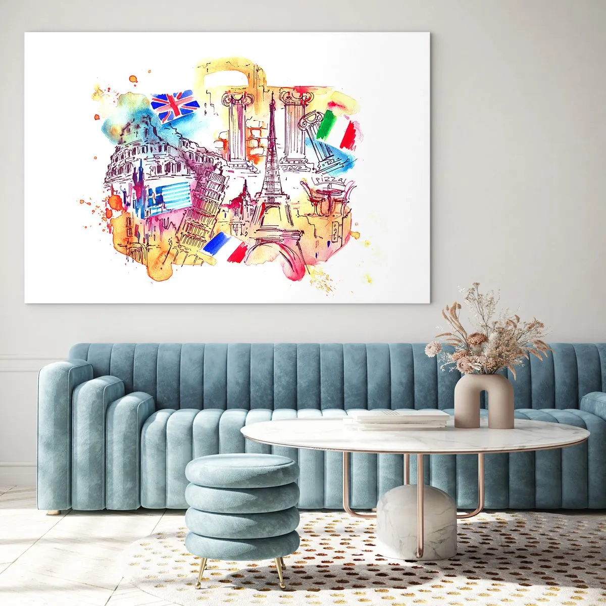 Quadro su vetro - Acquerello di monumenti europei con bandiere nazionali - 100x70cm - Tournée europea - Decorazione murale moderna per soggiorno e camera da letto ARTTOR