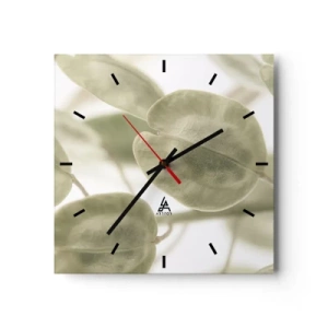 Orologio da parete - Orologio in Vetro - Un delicato dipinto di foglie in tonalità pastello di verde su uno sfondo chiaro. - 30x30cm - All'inizio vi erano le foglie... - Decorazione murale moderna per soggiorno e camera da letto ARTTOR