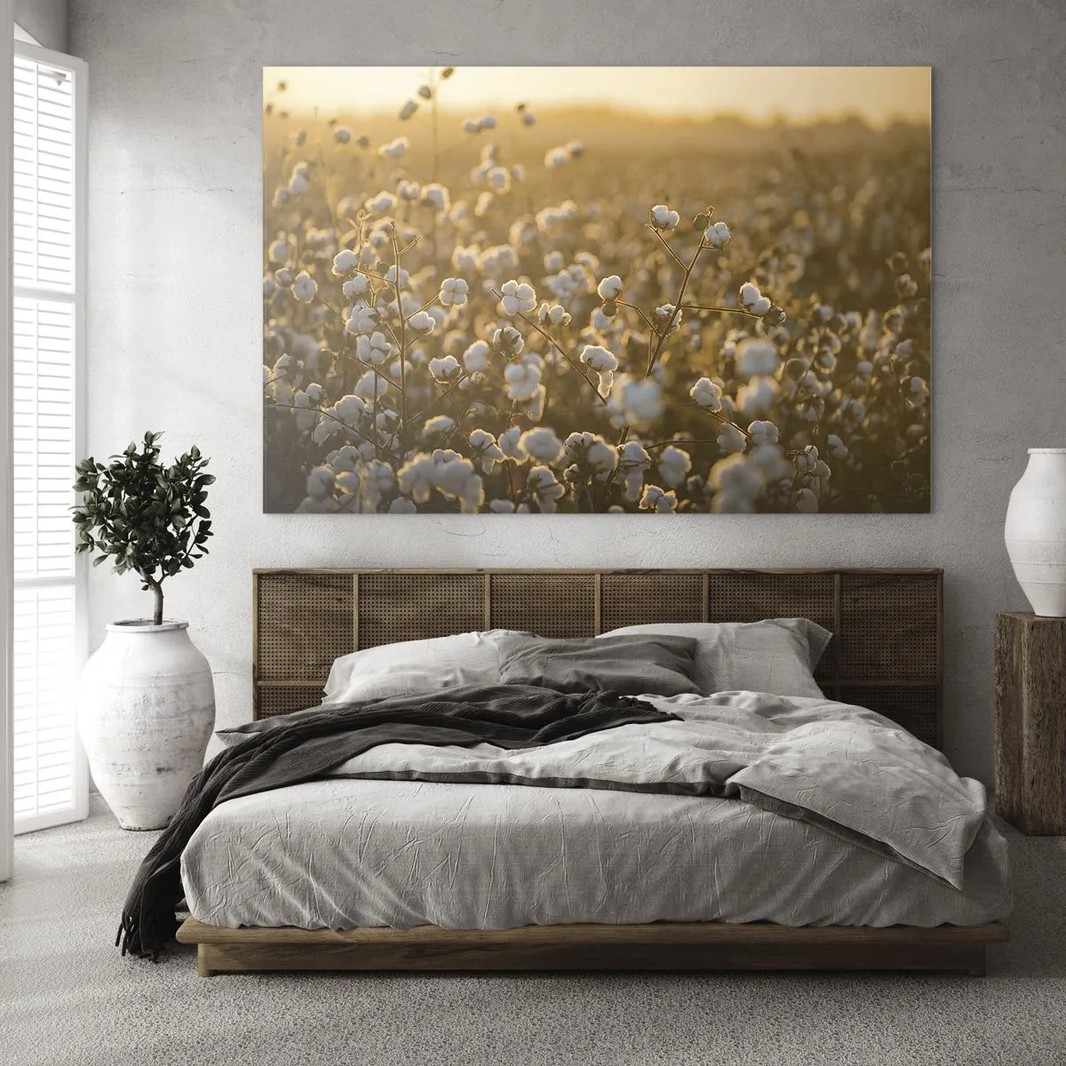 Quadro su vetro - Campo di cotone al tramonto - 70x50cm - Campo di morbidezza - Decorazione murale moderna per soggiorno e camera da letto ARTTOR