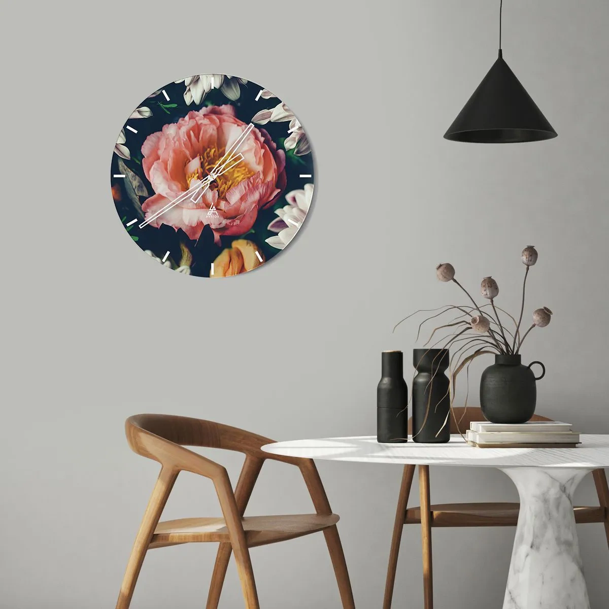 Orologio da parete - Orologio in Vetro - Primo piano di un fiore di peonia rosa circondato da altri fiori - 30x30cm - Con fasto barocco - Decorazione murale moderna per soggiorno, cucina e camera da letto ARTTOR