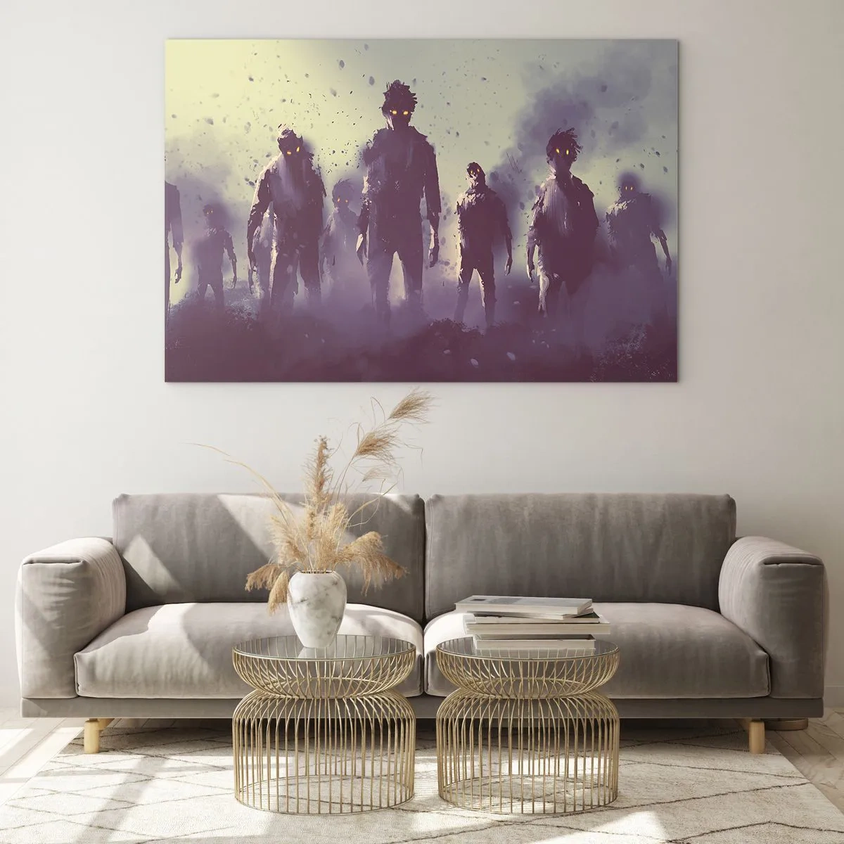 Quadro su vetro - Un'illustrazione scura di un gruppo di figure nella nebbia - 70x50cm - Attenzione! Arrivano - Decorazione murale moderna per soggiorno e camera da letto ARTTOR