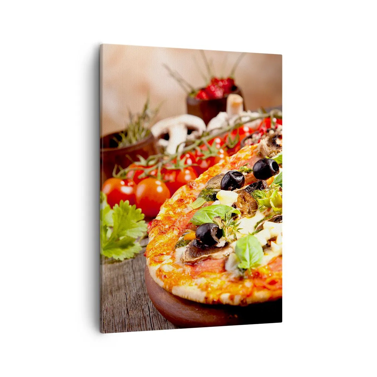 Quadro su tela - Stampe su Tela - Pizza con olive, basilico e ingredienti freschi su fondo in legno - 50x70cm - Con ingredienti tellurici - Decorazione murale moderna per soggiorno e camera da letto ARTTOR