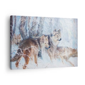Quadro su tela - Stampe su Tela - Lupi in una foresta invernale contro uno sfondo innevato - 70x50cm - Attenzione! In arrivo... - Decorazione murale moderna per soggiorno e camera da letto ARTTOR
