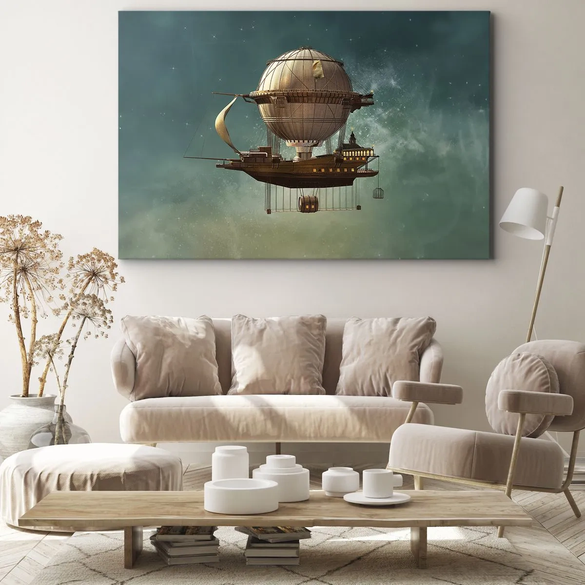 Quadro su tela - Stampe su Tela - Un fantastico dirigibile contro il cielo verdastro - 70x50cm - Saluti da Jules Verne - Decorazione murale moderna per soggiorno e camera da letto ARTTOR