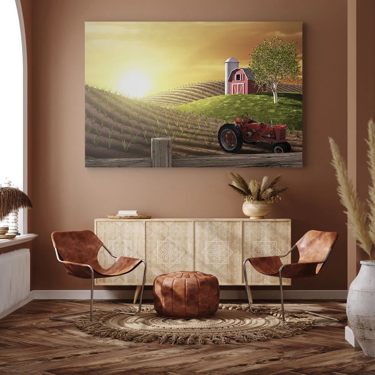 Quadro su tela - Stampe su Tela - Paesaggio rurale con un fienile rosso, un trattore e l'alba - 100x70cm - La fattoria delle favole - Decorazione murale moderna per soggiorno e camera da letto ARTTOR