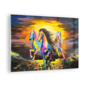 Quadro su vetro - Cavalli colorati al galoppo sullo sfondo del tramonto - 70x50cm - Immersi nell'arcobaleno - Decorazione murale moderna per soggiorno e camera da letto ARTTOR