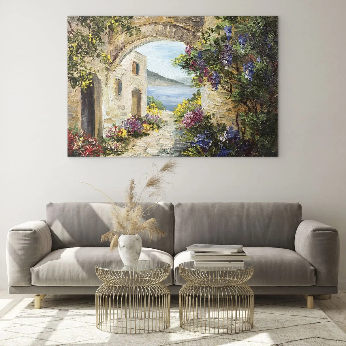 Quadro su vetro - Una pittoresca strada con vista sul lago - 70x50cm - La bellezza della provincia costiera - Decorazione murale moderna per soggiorno e camera da letto ARTTOR