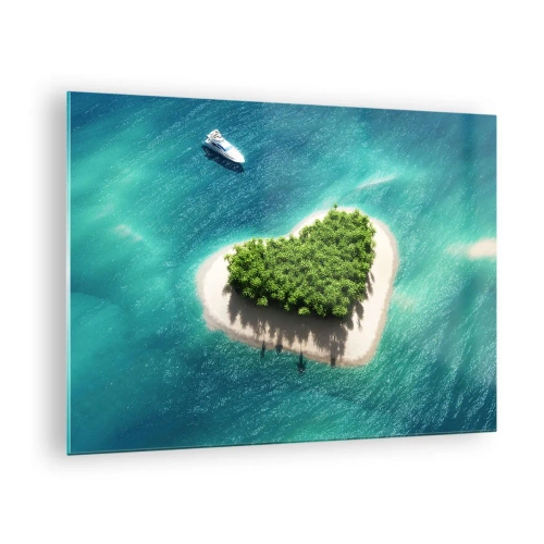 Quadro su vetro - Illustrazione di un'isola a forma di cuore con una barca sullo sfondo di un mare turchese - 70x50cm - Amo l'estate - Decorazione murale moderna per soggiorno e camera da letto ARTTOR