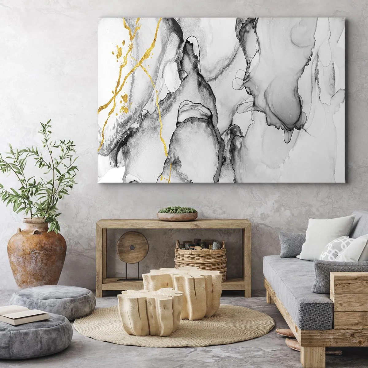 Quadro su tela - Stampe su Tela - Motivi astratti in bianco e nero con accenti dorati - 100x70cm - Composizione con motivo d'oro - Decorazione murale moderna per soggiorno e camera da letto ARTTOR