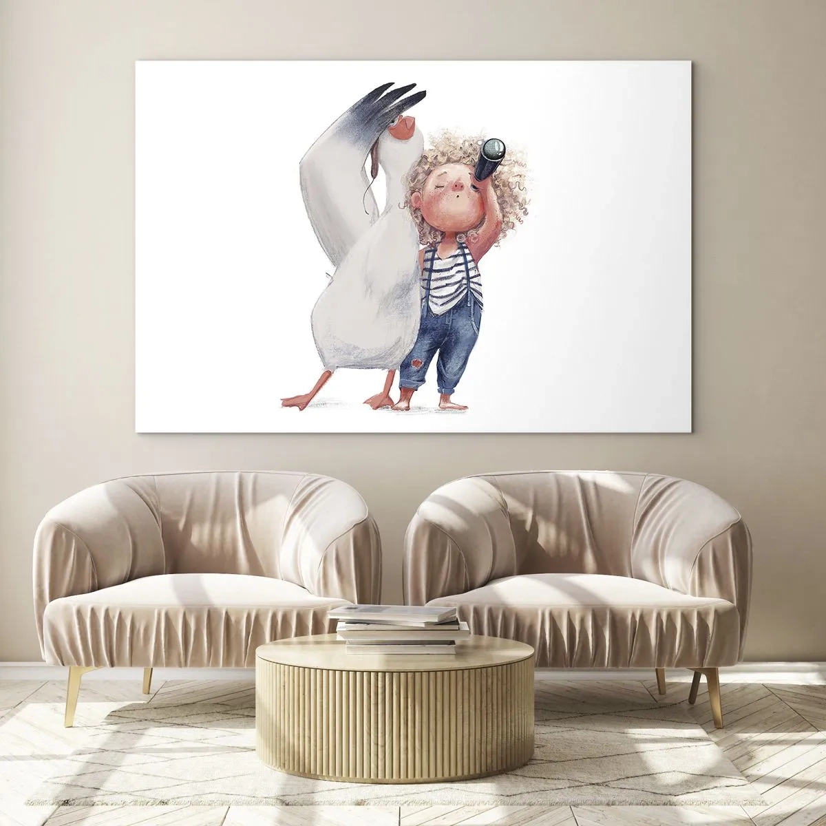 Quadro su vetro - Bambino con binocolo e cicogna in uno stile di illustrazione divertente - 100x70cm - Il progetto di un grande viaggio - Decorazione murale moderna per soggiorno e camera da letto ARTTOR