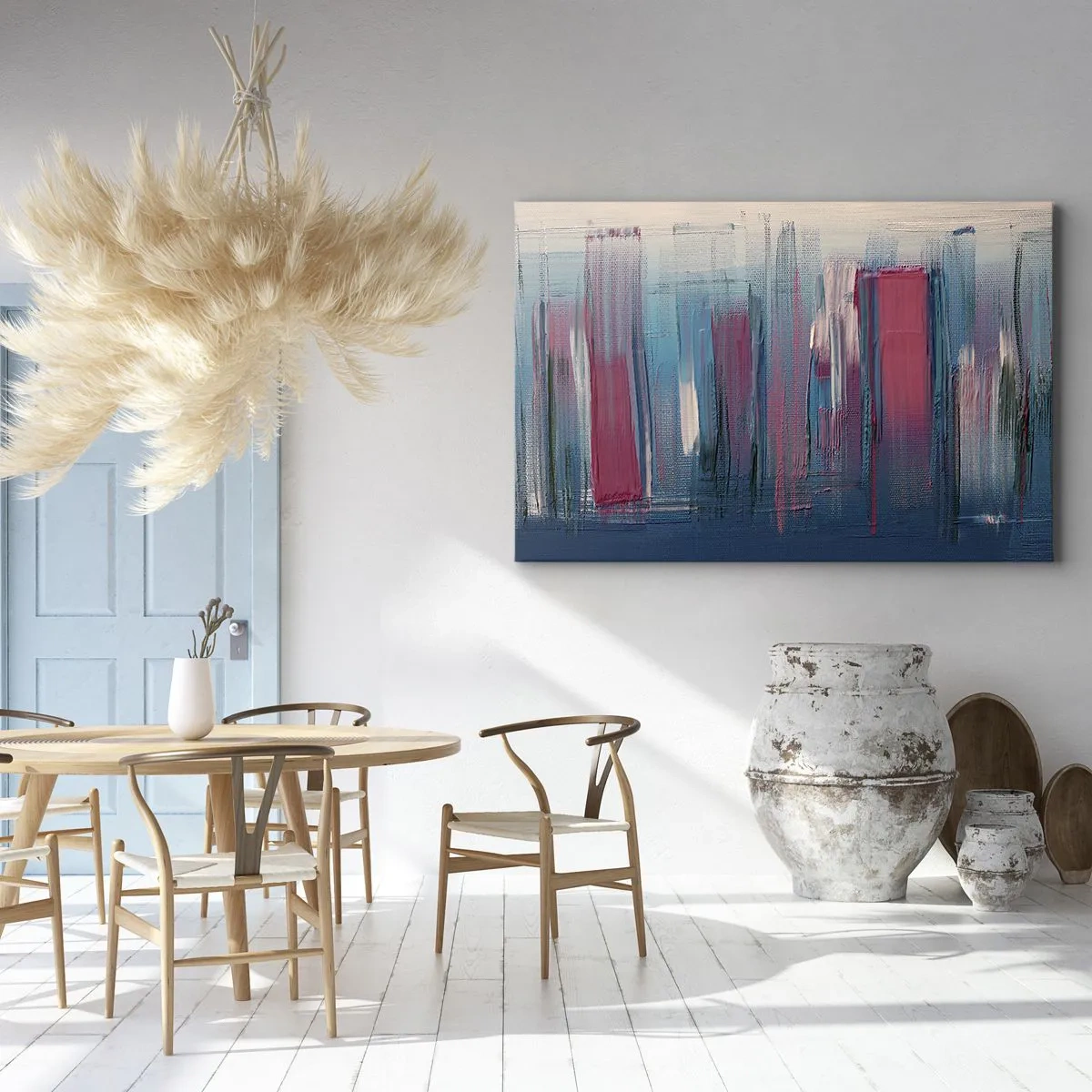 Quadro su tela - Stampe su Tela - Forme verticali astratte nelle tonalità del blu e del rosso - 70x50cm - Composizione verticale in blu e rosso - Decorazione murale moderna per soggiorno e camera da letto ARTTOR