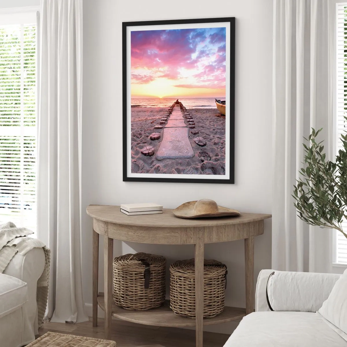 Poster in cornice nera - Sentiero sulla spiaggia al tramonto - 50x70cm - Un momento profondo - Decorazione murale moderna per soggiorno e camera da letto ARTTOR