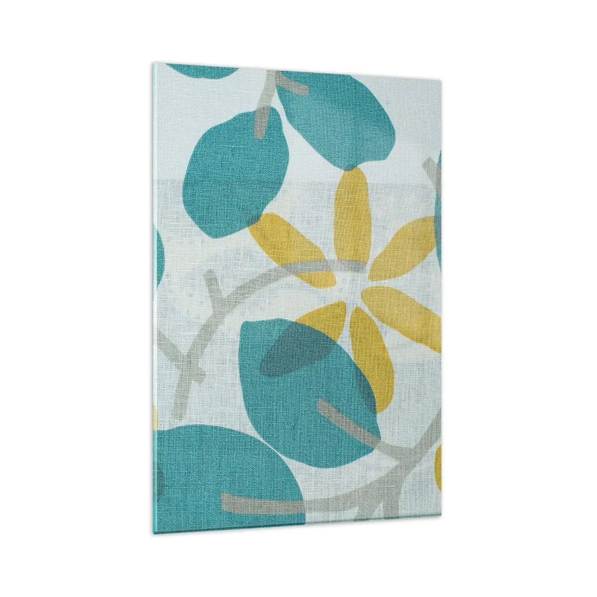 Quadro su vetro - Foglie nei toni del turchese e del giallo su uno sfondo chiaro - 80x120cm - Tra le foglie azzurre - Decorazione murale moderna per soggiorno e camera da letto ARTTOR
