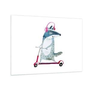 Quadro su vetro - Tasso con le cuffie su uno scooter per acquerelli - 70x50cm - Tassi di gioia - Decorazione murale moderna per soggiorno e camera da letto ARTTOR