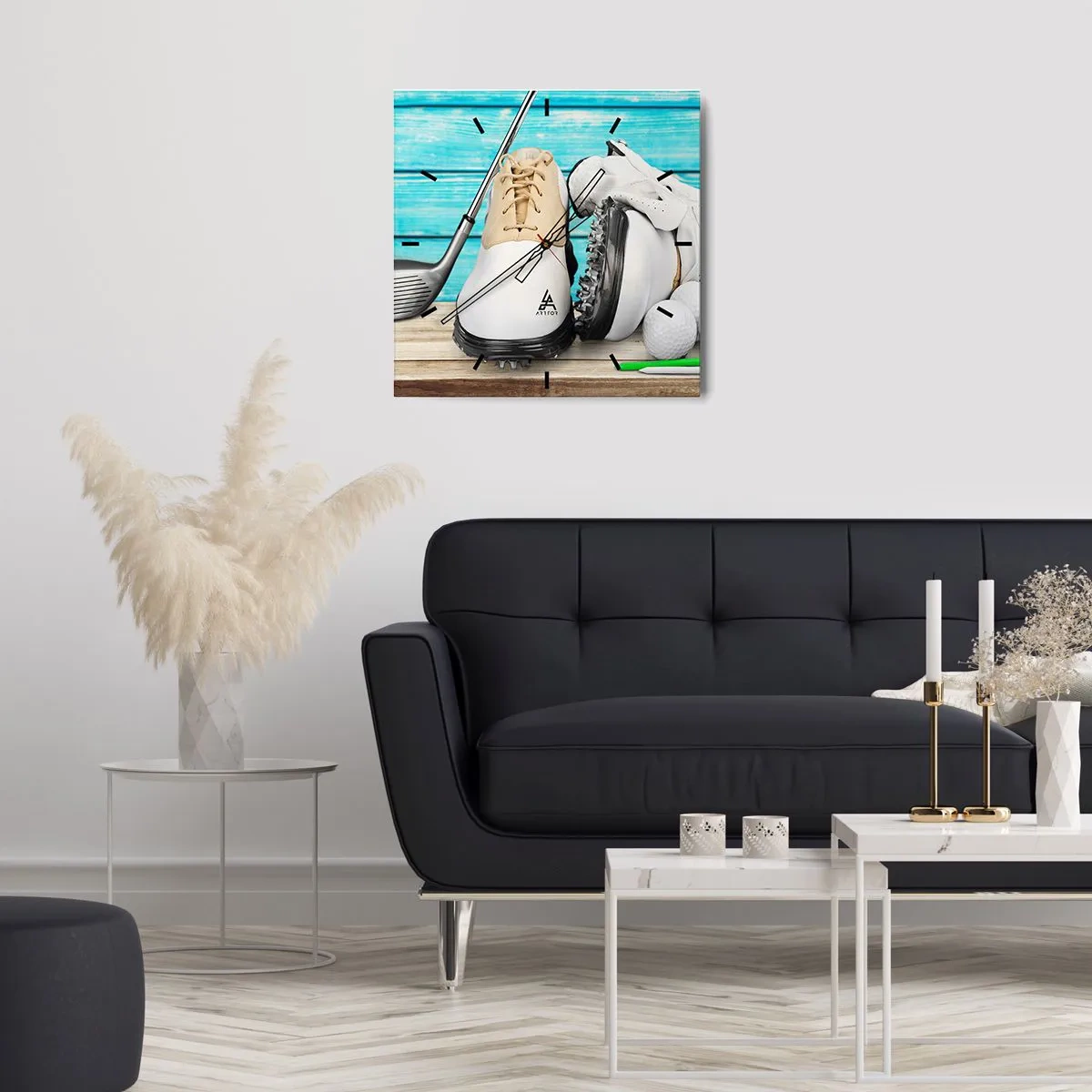 Orologio da parete - Orologio in Vetro - Un set di accessori da golf su uno sfondo di legno - 30x30cm - Tutto è pronto - Decorazione murale moderna per soggiorno e camera da letto ARTTOR