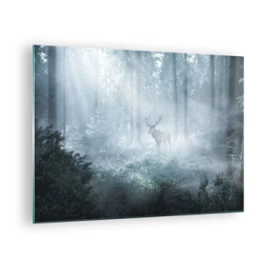 Quadro su vetro - Un cervo in una foresta nebbiosa illuminata dai raggi del sole mattutino - 70x50cm - Passeggiata mattutina sulle sue terre - Decorazione murale moderna per soggiorno e camera da letto ARTTOR