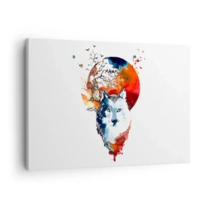 Quadro su tela - Stampe su Tela - Dipinto astratto ad acquerello di un lupo contro una luna rossa - 70x50cm - Naso a naso con la notte - Decorazione murale moderna per soggiorno e camera da letto ARTTOR
