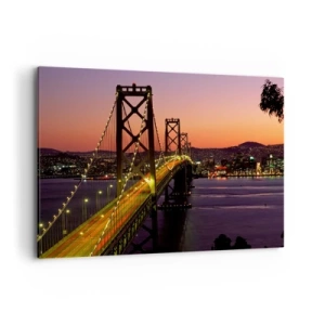 Quadro su tela - Stampe su Tela - Un ponte illuminato di notte sull'acqua con vista panoramica sulla città - 100x70cm - Serata in viola - Decorazione murale moderna per soggiorno e camera da letto ARTTOR