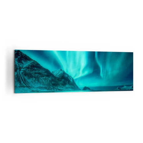Quadro su tela - Stampe su Tela - Aurora boreale su un paesaggio invernale montuoso - 160x50cm - Miracolo del Nord - Decorazione murale moderna per soggiorno e camera da letto ARTTOR