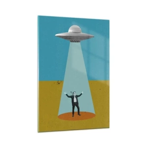 Quadro su vetro - Un uomo alla luce di un UFO sullo sfondo di un paesaggio colorato - 80x120cm - Incontro ravvicinato - Decorazione murale moderna per soggiorno e camera da letto ARTTOR