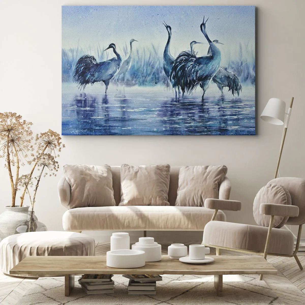Quadro su tela - Stampe su Tela - Gru sullo sfondo di nebbia e acqua nei toni del blu - 70x50cm - Incontro mattutino - Decorazione murale moderna per soggiorno e camera da letto ARTTOR