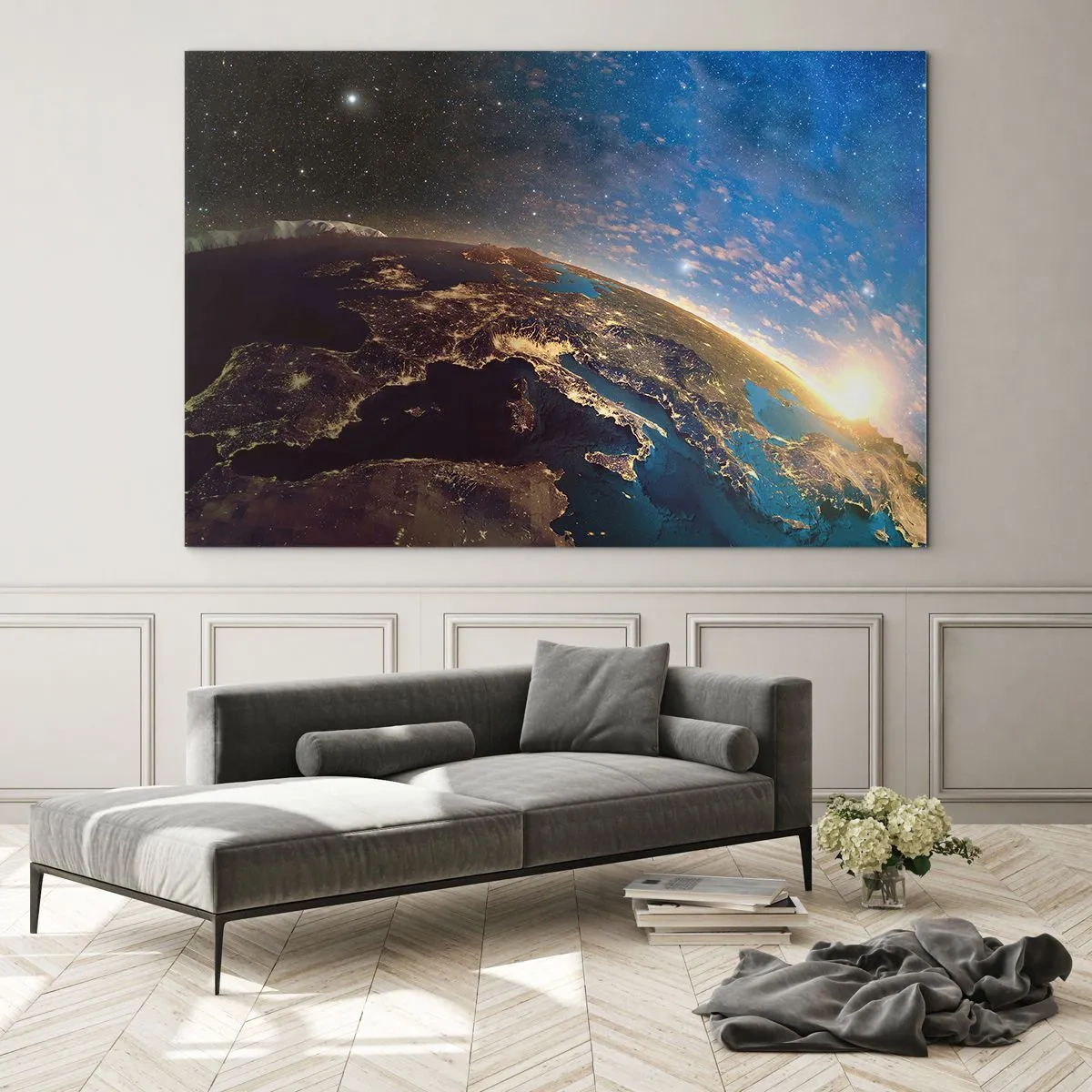 Quadro su vetro - Una vista della Terra dallo spazio con l'alba visibile - 100x70cm - Guardiamoci da lontano - Decorazione murale moderna per soggiorno e camera da letto ARTTOR