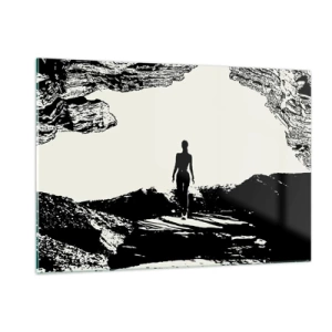 Quadro su vetro - Silhouette di una donna che emerge da una grotta in grafica in bianco e nero - 120x80cm - Un nuovo sguardo - Decorazione murale moderna per soggiorno e camera da letto ARTTOR